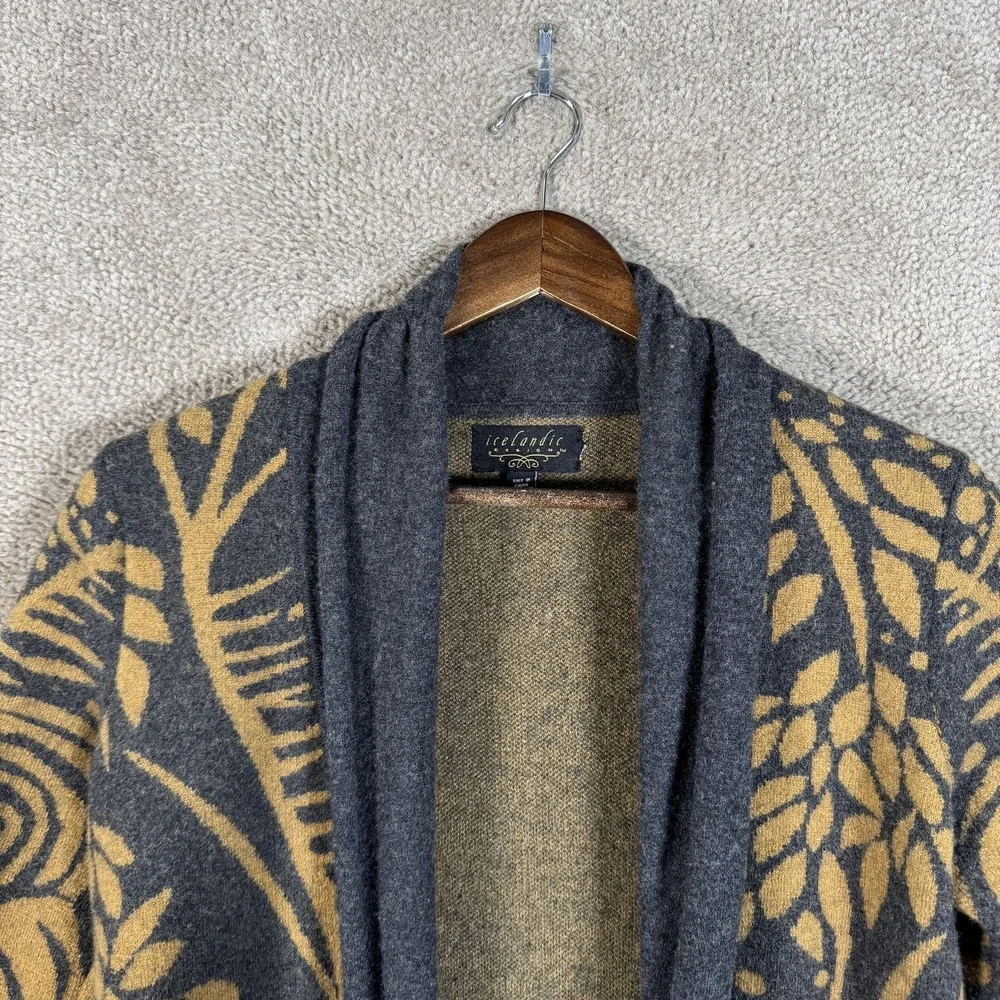 Icelandic Design Sweater Womens Small Gray Mustard Wool Blend Cardigan Coatigan - Picture 2 of 10